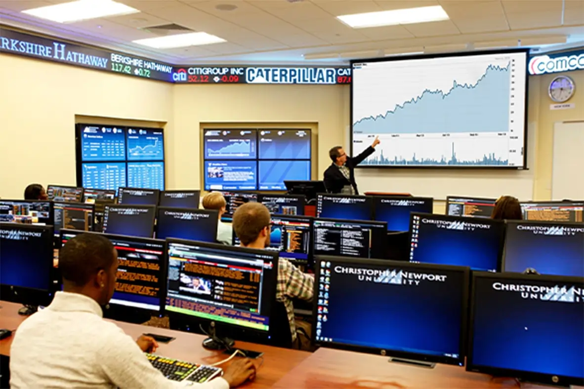 Christopher-Newport-Lab@2x-min Finance Lab at Christopher Newport University, featuring a custom LED stock ticker by Rise Display.