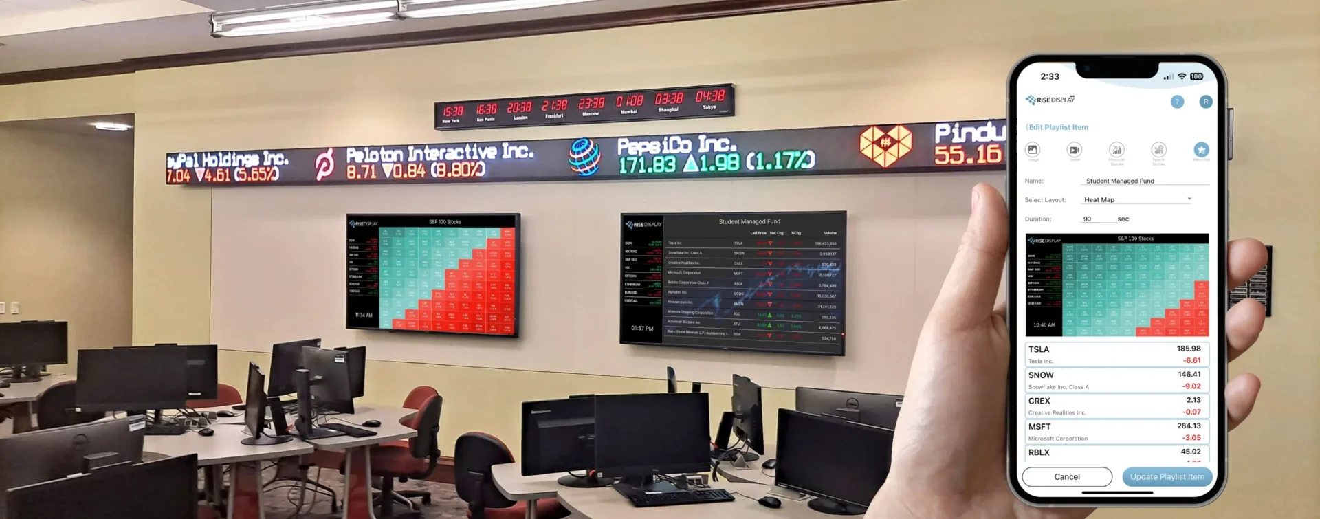 Rise Display Financial Marketwall Digital Signage and associated Rise Display app on a phone.