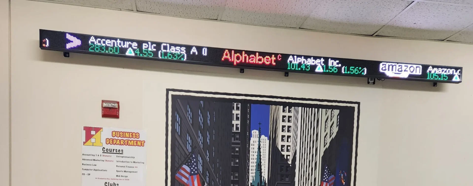 Custom LED ticker in a school for educational use. By Rise Display.