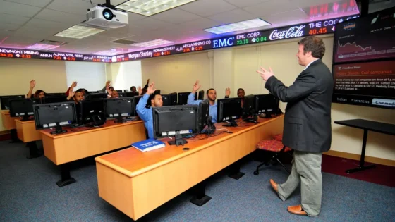 A Rise Display stock ticker installed at a Virginia State University (VSU) financial lab classroom.