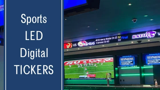 A Rise Display sports ticker installation above a sports bar serving area.