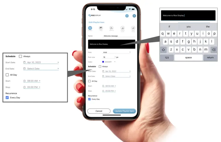 App-Messaging A concept of Rise Display's Mobile App with content settings on a phone being help up toward the viewer.