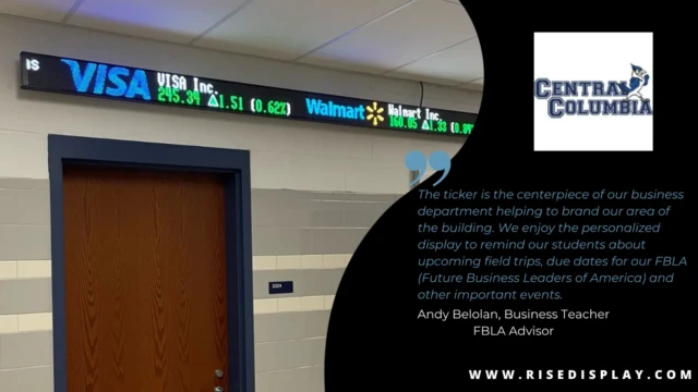 A 32-pixel sports and stock ticker at Central Columbia University, by Rise Display. A 32-pixel sports and stock ticker at Central Columbia University, by Rise Display.