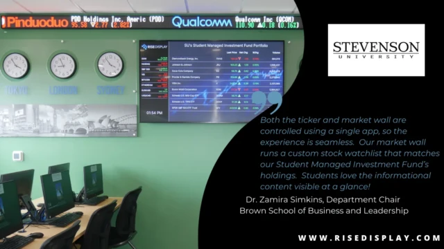 A 32-pixel ticker by Rise Display at Stevenson University's financial institution. A 32-pixel ticker by Rise Display at Stevenson University's financial institution.