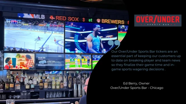 A Rise Display stock ticker at the Over/Under sports bar in Chicago, IL. A Rise Display stock ticker at the Over/Under sports bar in Chicago, IL.